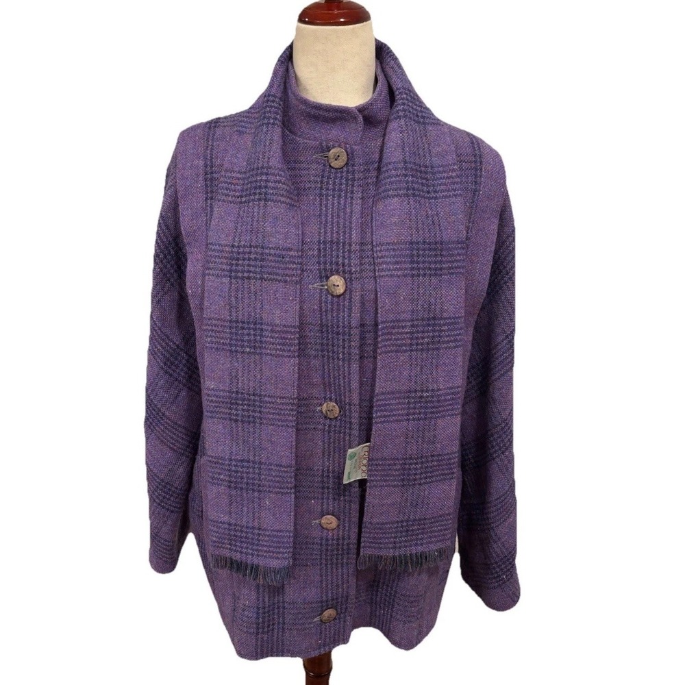 Ireland A Triona Design 100% pure new wool Jacket W/Scarf Purple Plaid Women's L